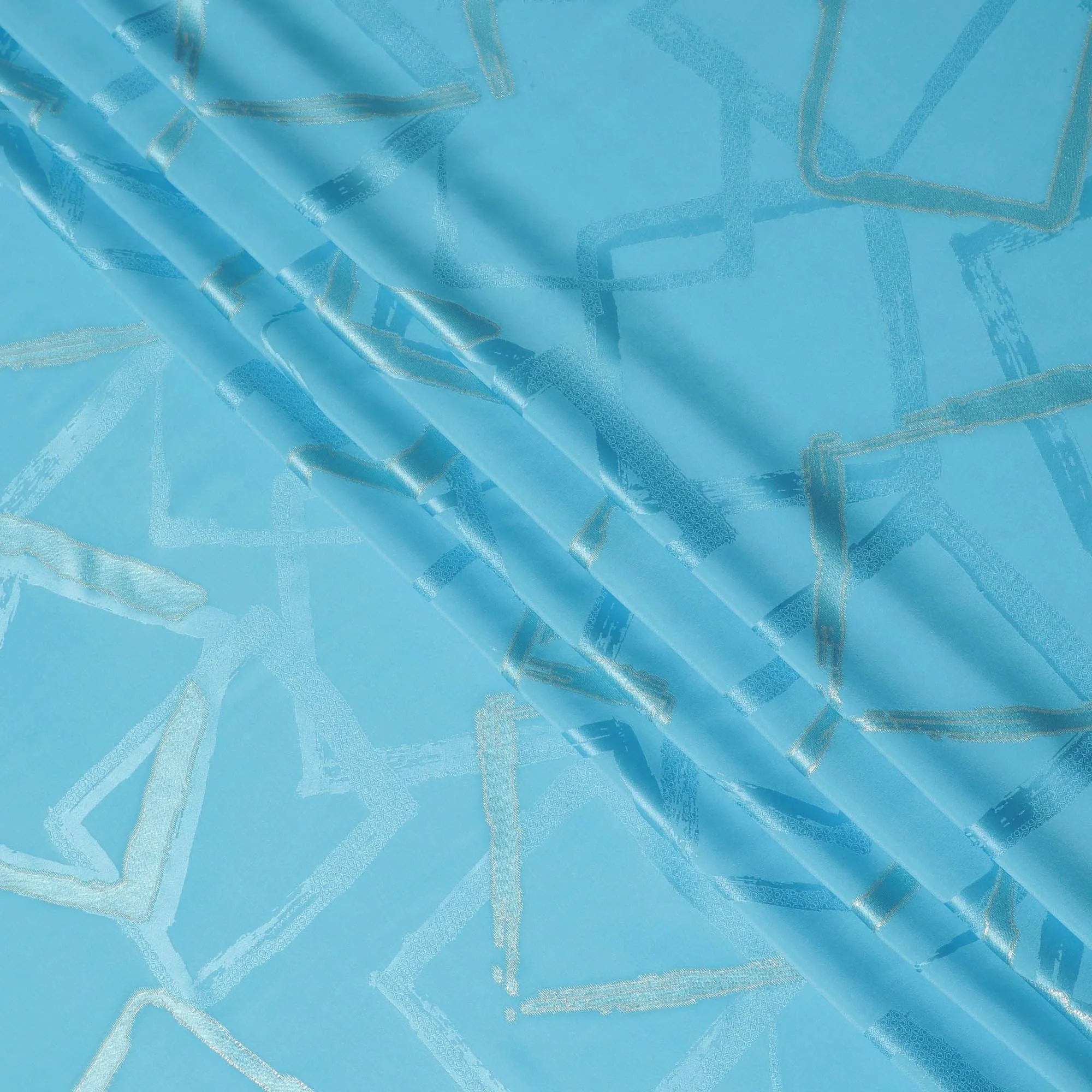 Sky blue premium pure silk crepe fabric with same tone jacquard and gold metallic lurex in abstract design-D15714