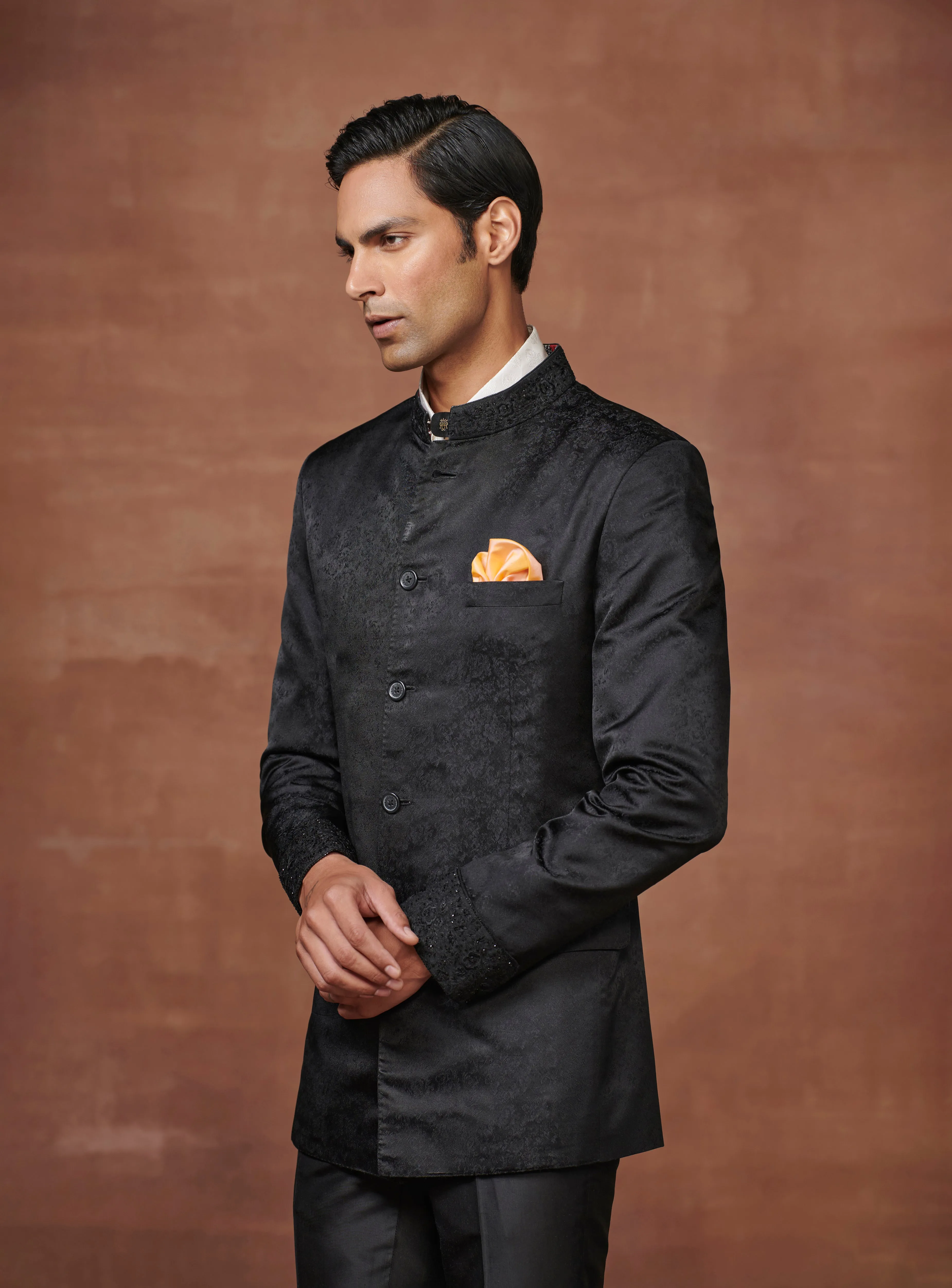 SOVEREIGN NOIR JET BLACK JACQUARD BANDHGALA