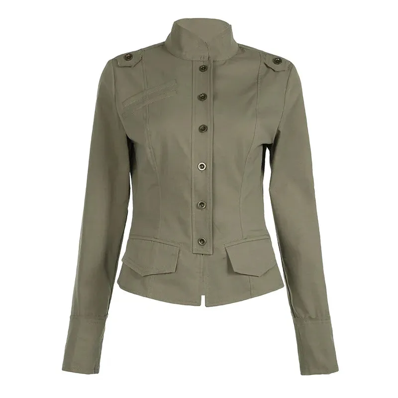 Stand Collar Button Up Cargo Jacket Coat Y2k Streetwear Long Sleeve Top 2024 Autumn Women Clothing P84-DI23