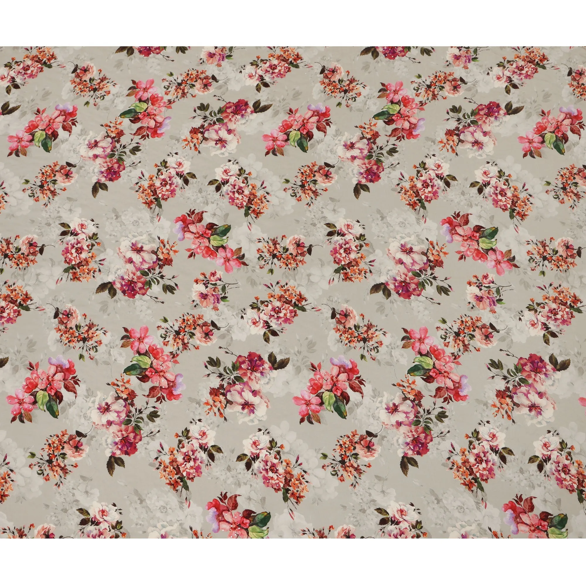Synthetic Crepe Fabric with Stone Work - Vibrant Pink and Orange Floral on Light Grey, 110 cm Width-D20650