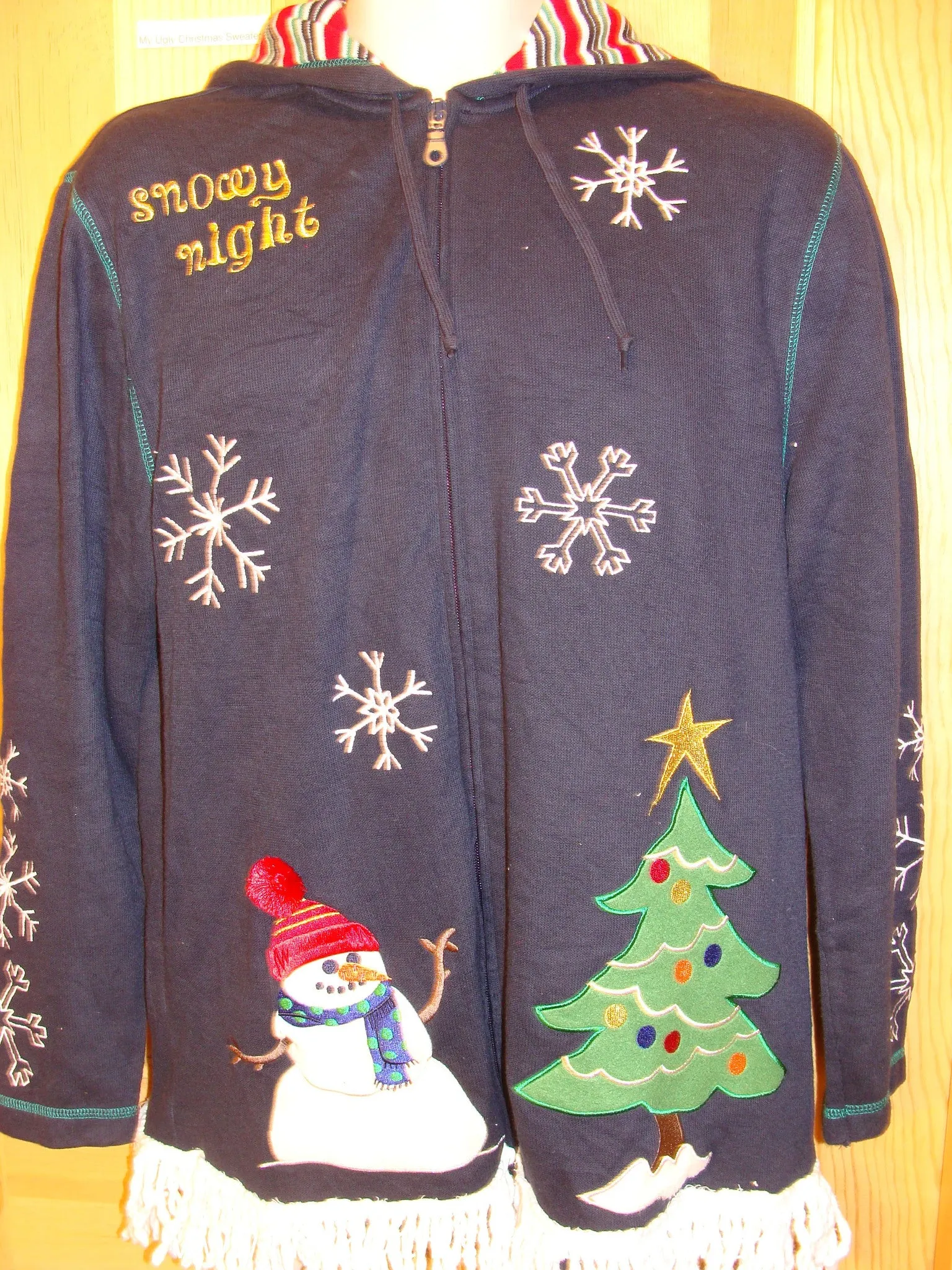Tacky Christmas Sweatshirt Hoodie Snowman and Fringe