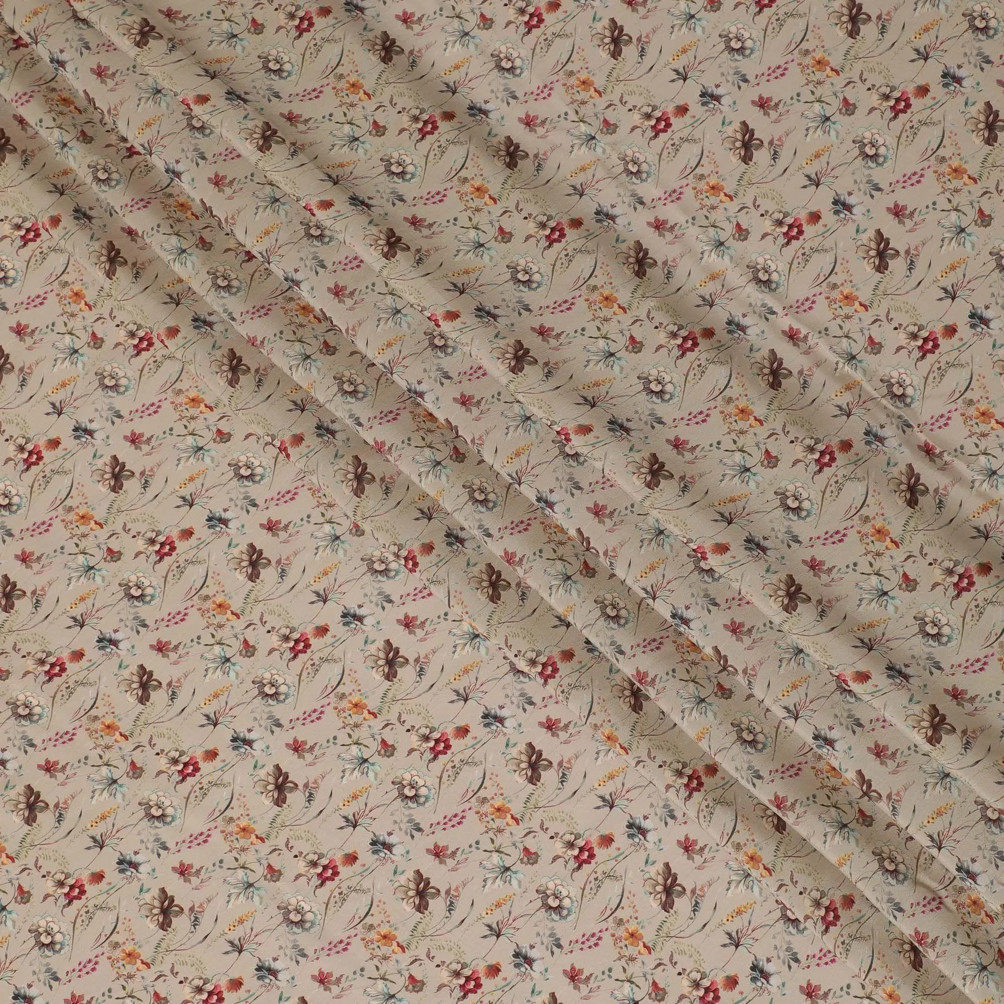 Tan beige synthetic crepe fabric with multi color digital prints in floral design-D15779