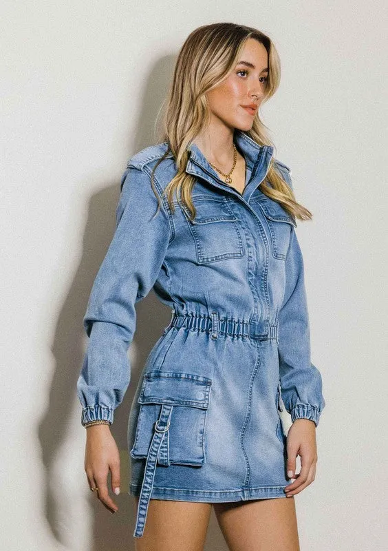 TEEK - Medium Stone Long Sleeve Denim Romper Skirt