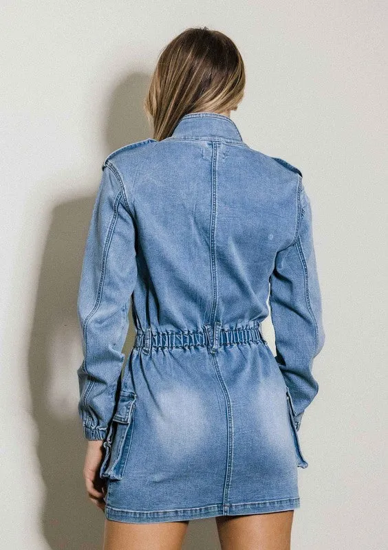 TEEK - Medium Stone Long Sleeve Denim Romper Skirt