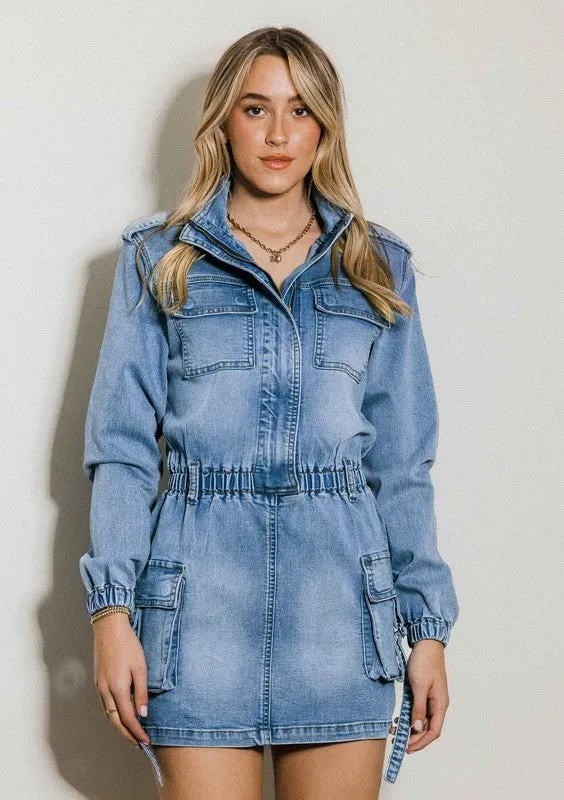 TEEK - Medium Stone Long Sleeve Denim Romper Skirt