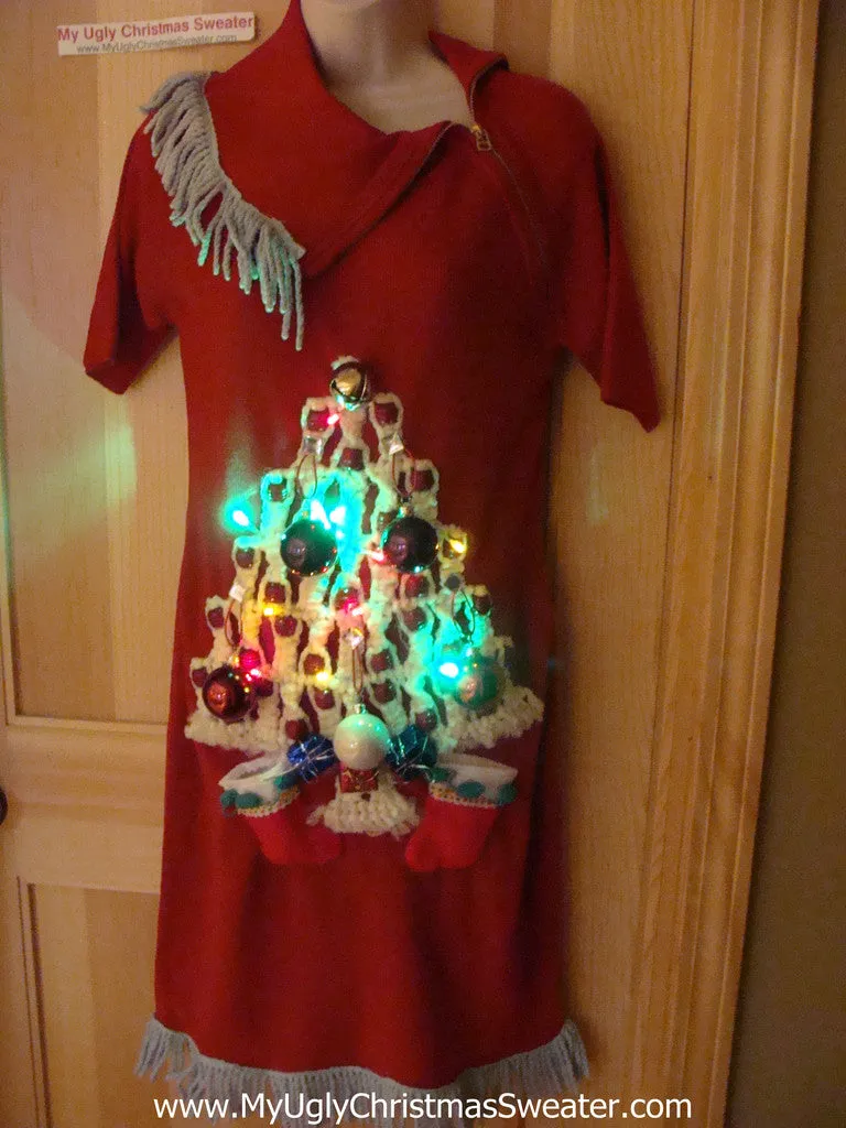 Ugly Christmas Sweater Party Tacky Dress with Lights & Macrame Tree (d54)