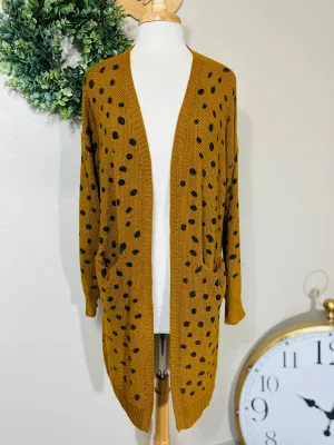 Umgee Mustard Brown Hand Stamped Long Open Front Cardigan Sweater with Pockets