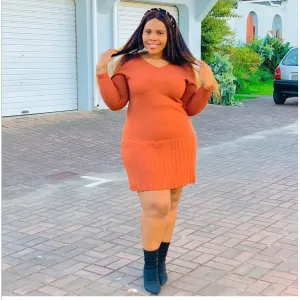 V-Neck Mini Knit Sweater Dress