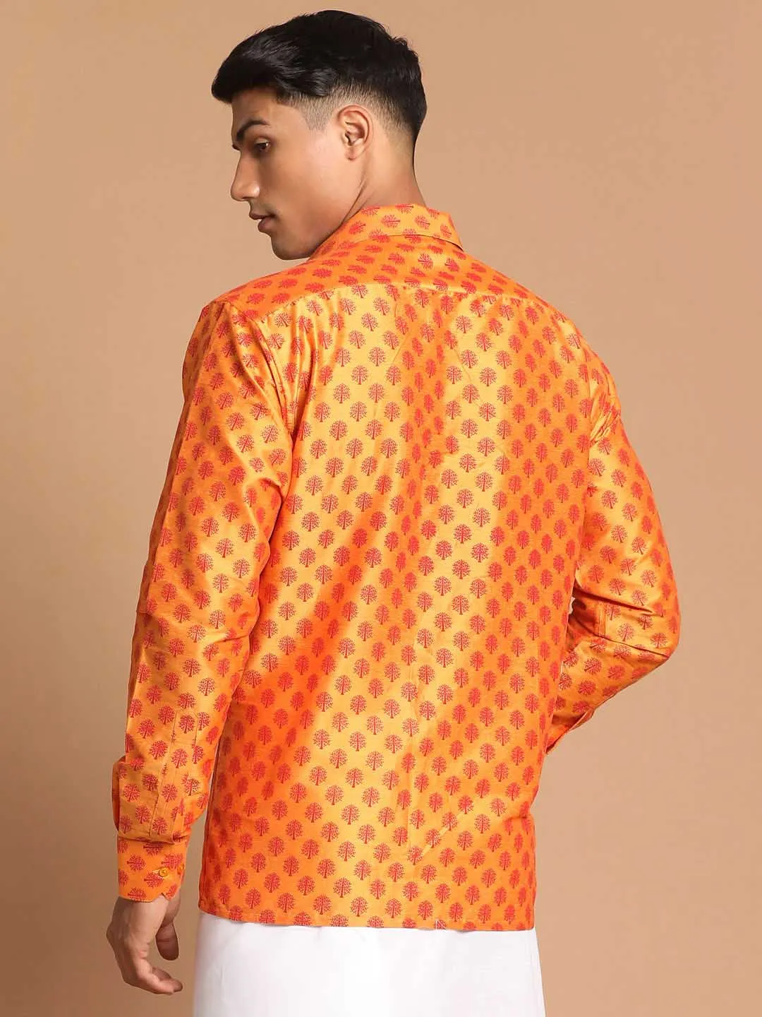 VASTRAMAY Men's Orange Silk Blend Printed Shirt