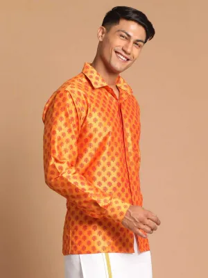 VASTRAMAY Men's Orange Silk Blend Printed Shirt