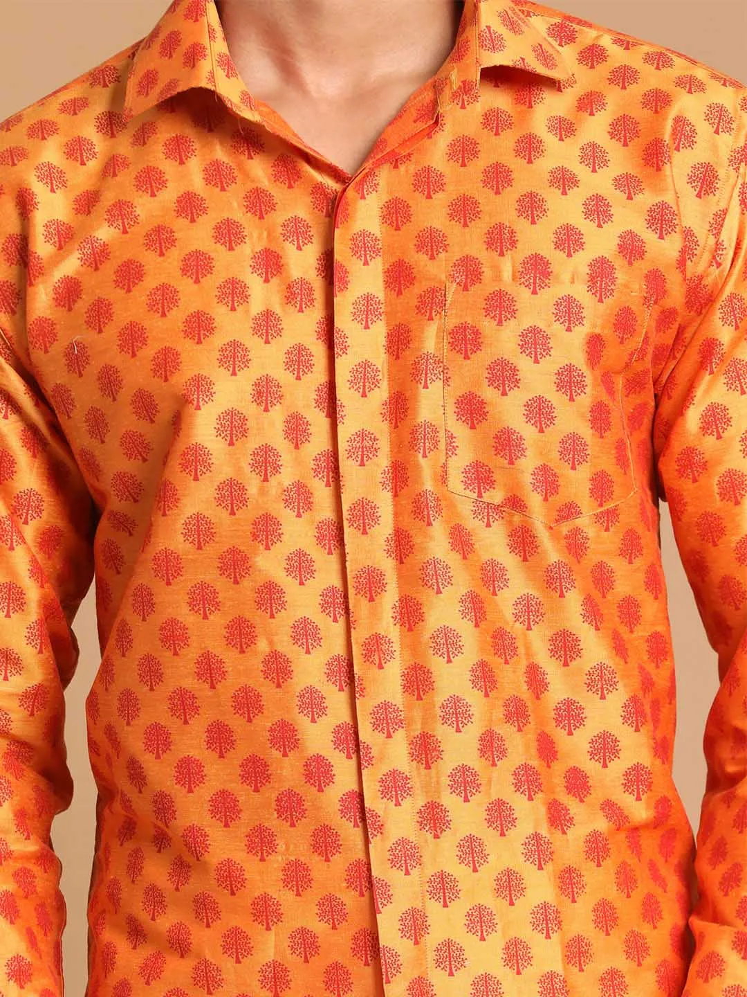 VASTRAMAY Men's Orange Silk Blend Printed Shirt