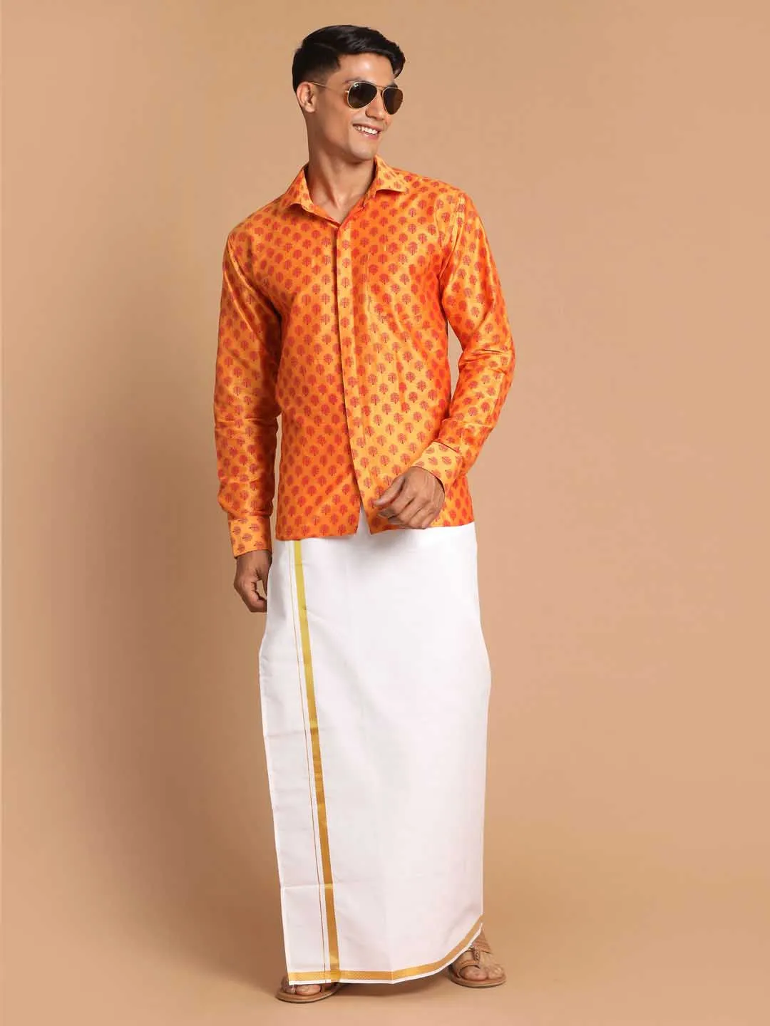 VASTRAMAY Men's Orange Silk Blend Printed Shirt