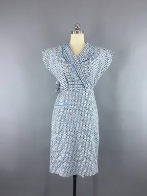Vintage 1950s Blue Cotton Novelty Print Wrap Dress