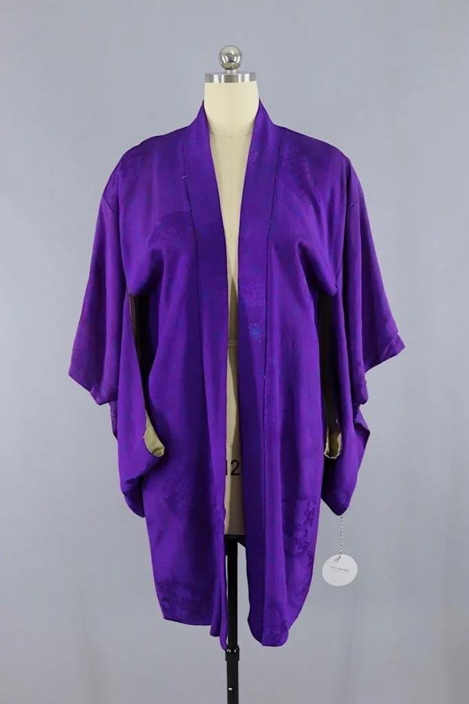 Vintage Silk Kimono Cardigan / Royal Purple Blue Floral