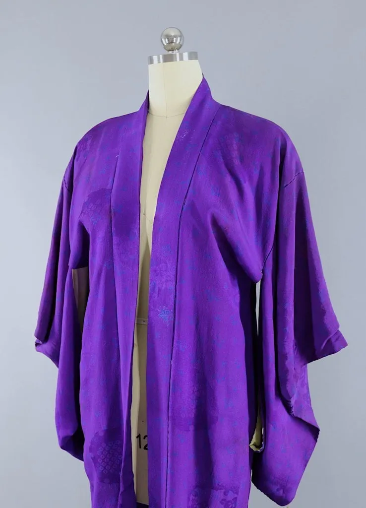Vintage Silk Kimono Cardigan / Royal Purple Blue Floral
