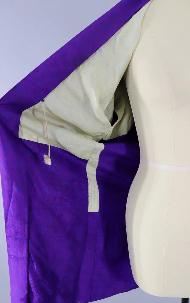 Vintage Silk Kimono Cardigan / Royal Purple Blue Floral