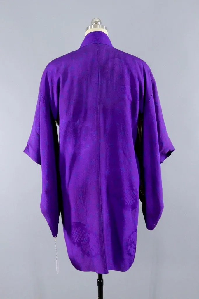 Vintage Silk Kimono Cardigan / Royal Purple Blue Floral