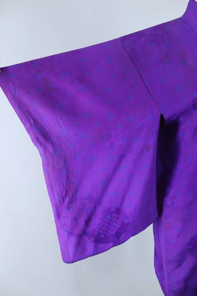 Vintage Silk Kimono Cardigan / Royal Purple Blue Floral