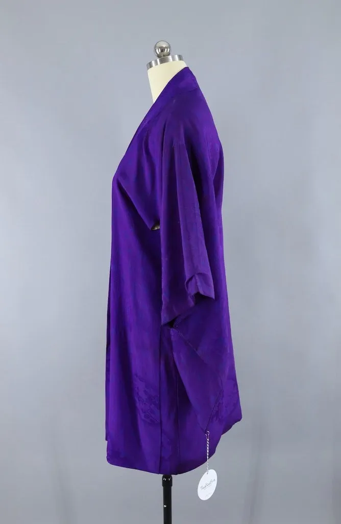 Vintage Silk Kimono Cardigan / Royal Purple Blue Floral