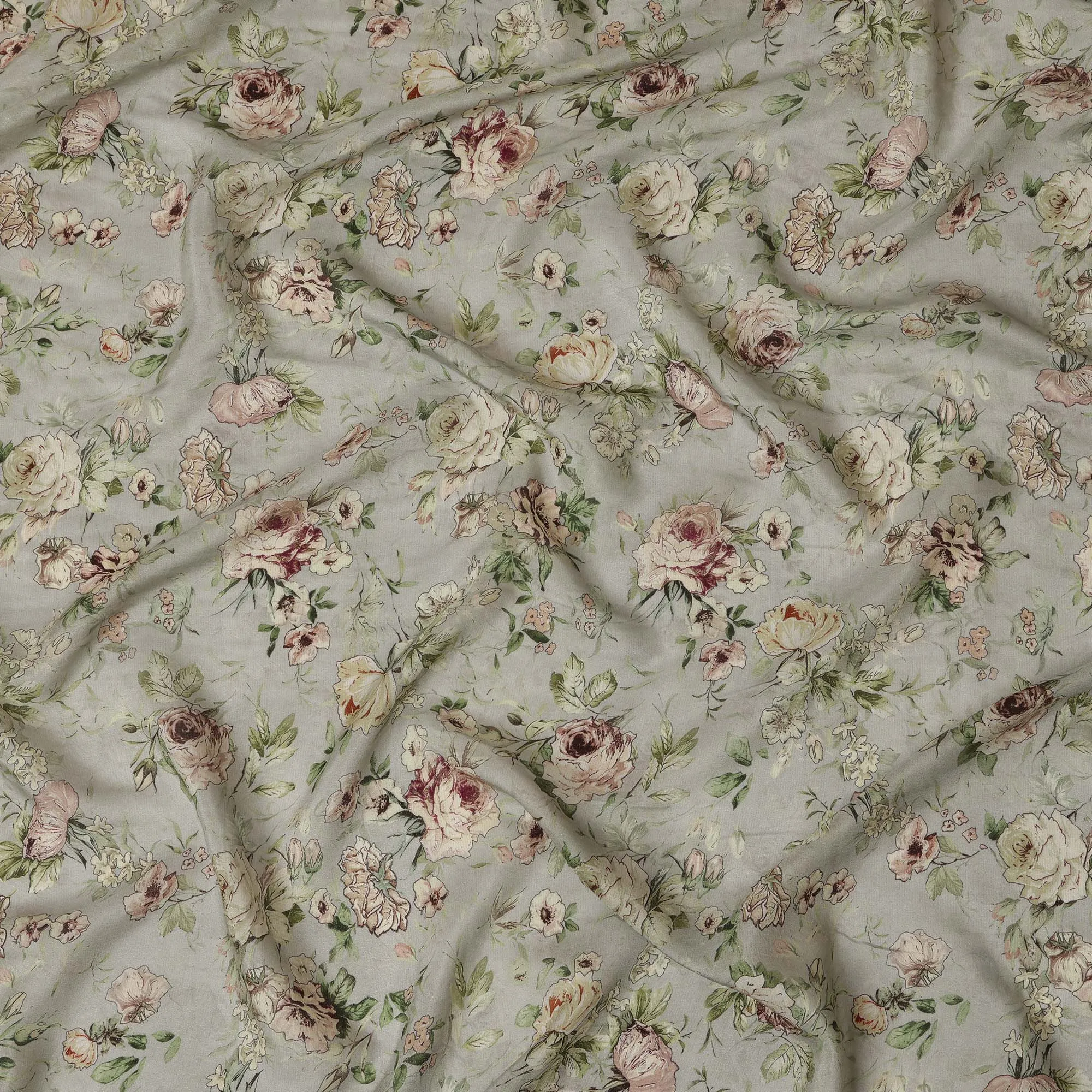 Viscose Crepe Fabric with Stone Work - Blush Pink and Cream Floral on Sage Green, 110 cm Width-D20667