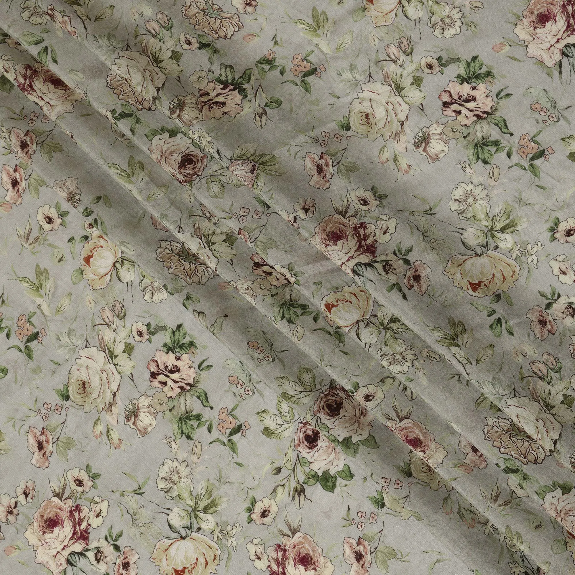 Viscose Crepe Fabric with Stone Work - Blush Pink and Cream Floral on Sage Green, 110 cm Width-D20667