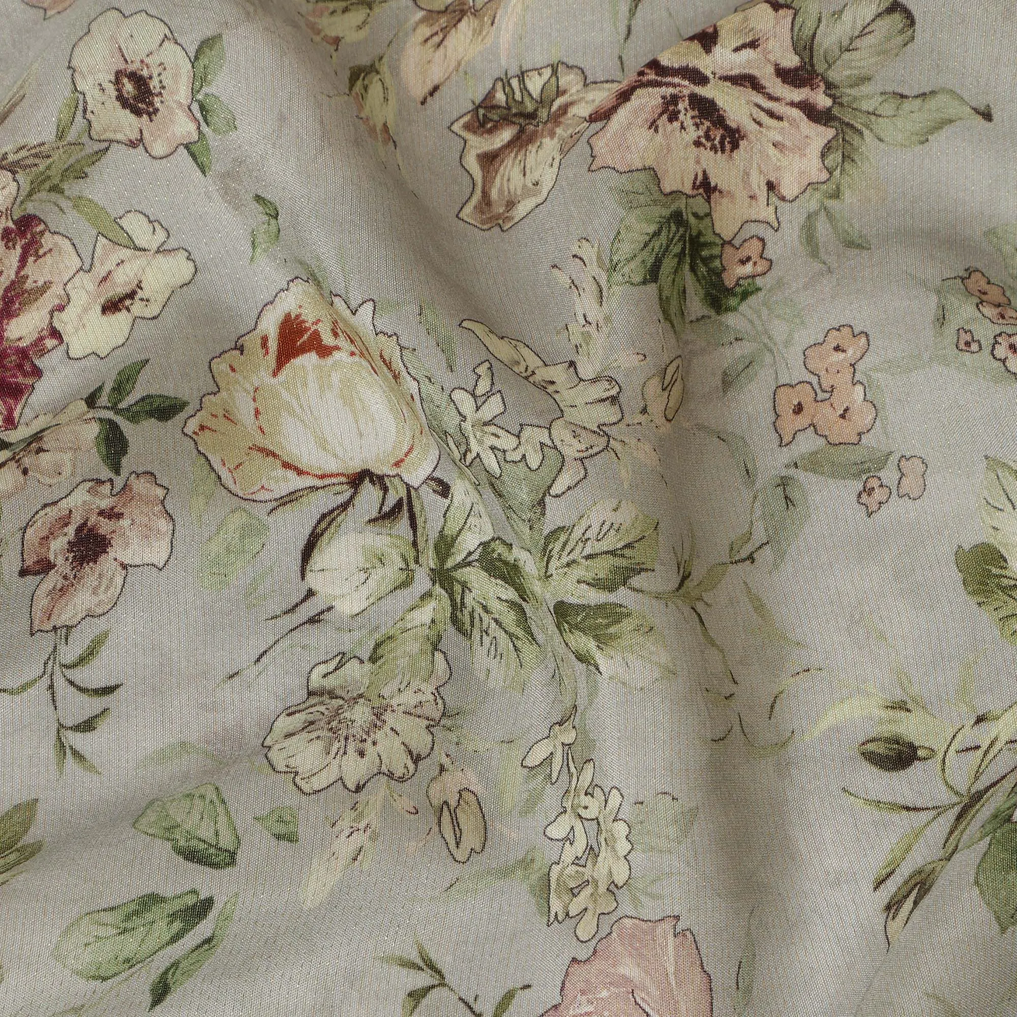 Viscose Crepe Fabric with Stone Work - Blush Pink and Cream Floral on Sage Green, 110 cm Width-D20667