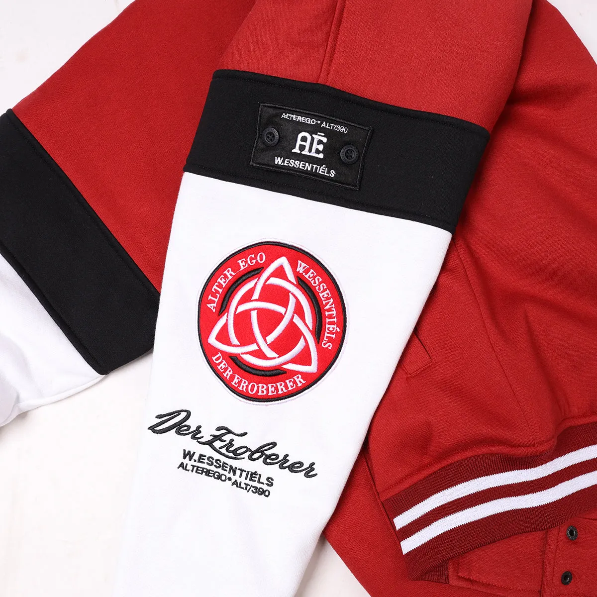 W.Essentils x Alter ego Obelisk Collegiate Varsity jacket Foxblood/Sand