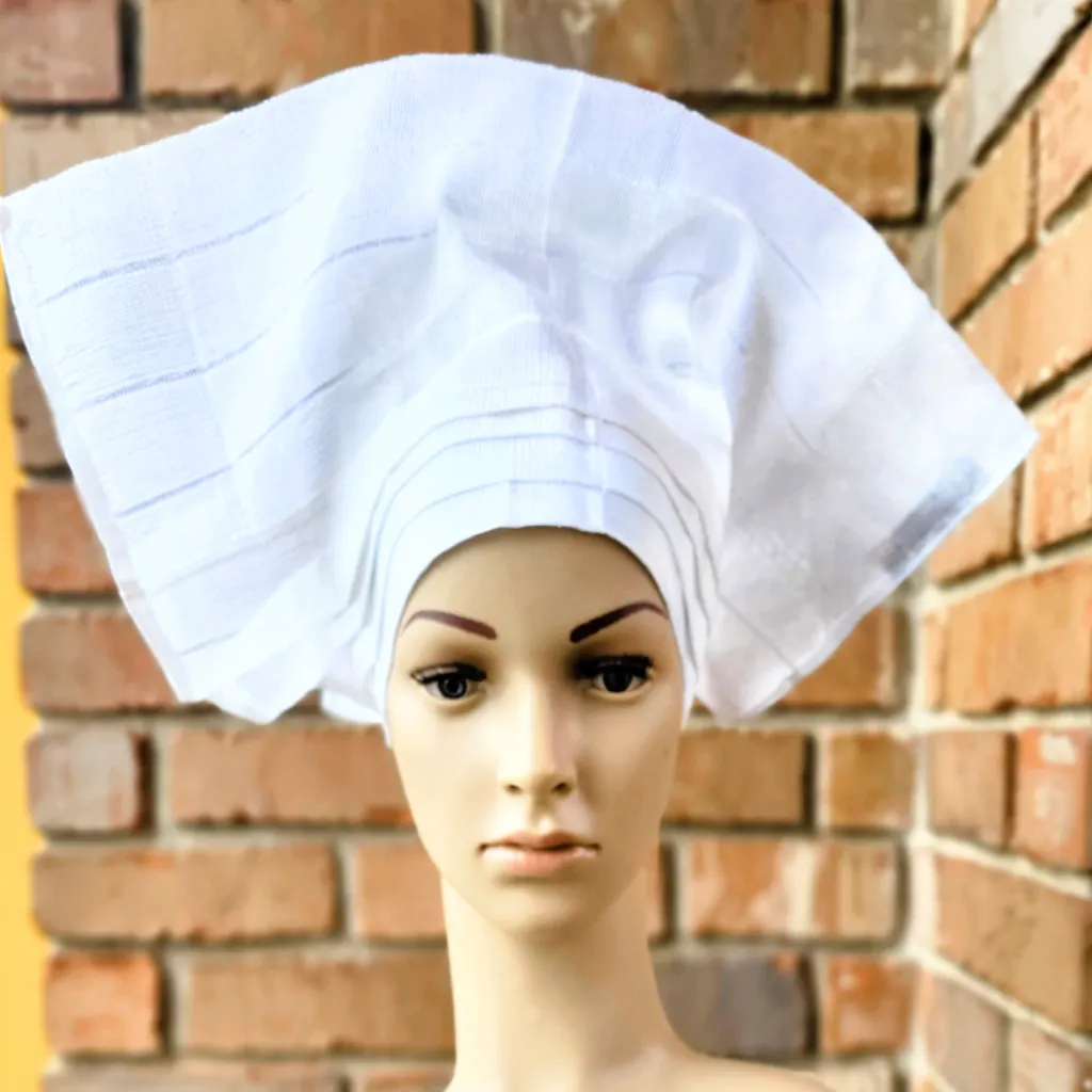 White Pre-tied layered Aso Oke Pre-tied head dress