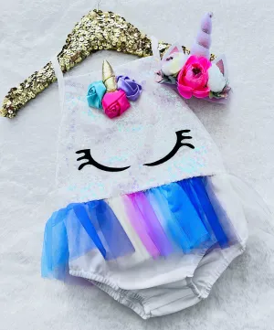 White Sequin Sparkle Magic Pink and Purple Unicorn Tutu Romper & Headband