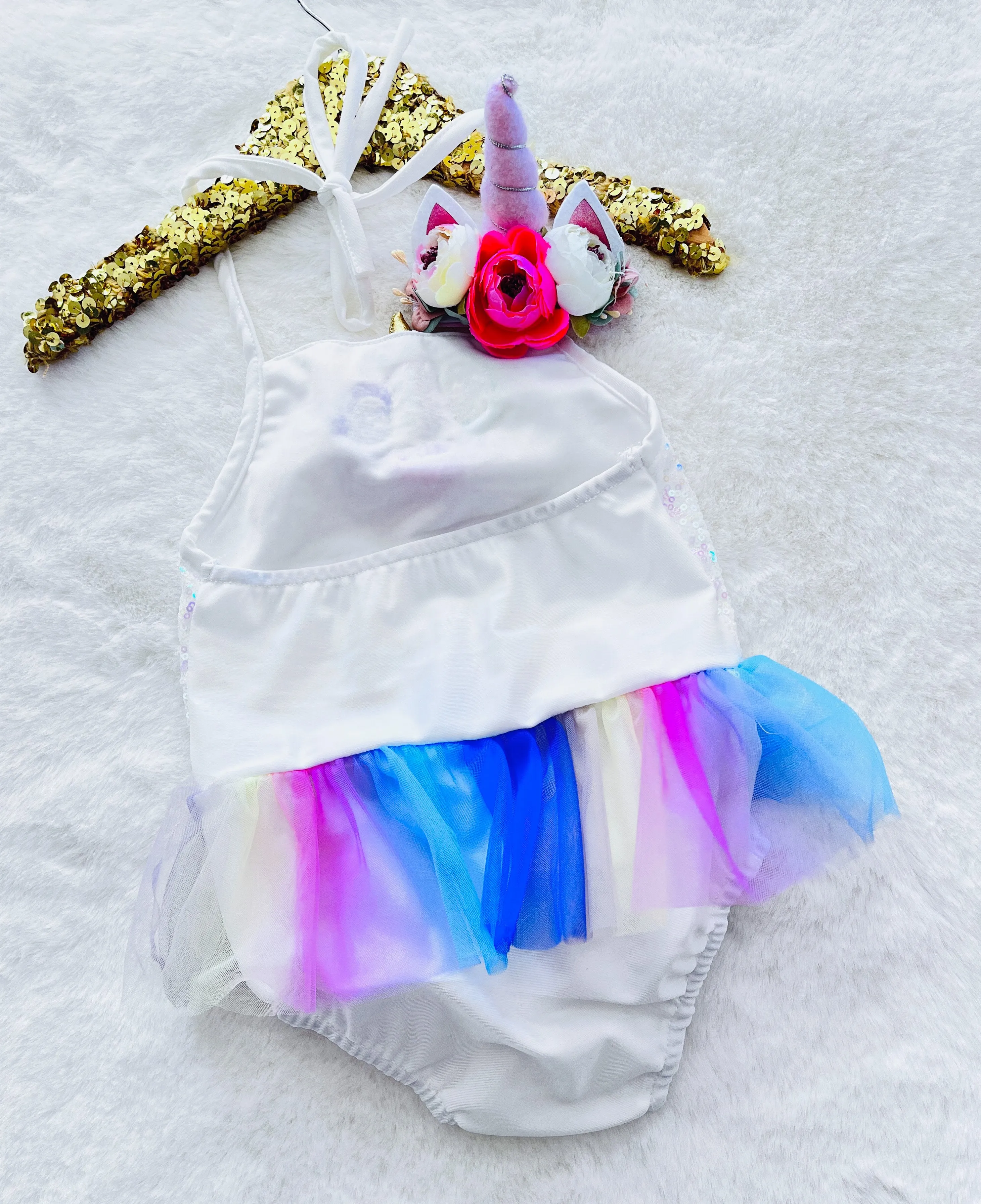White Sequin Sparkle Magic Pink and Purple Unicorn Tutu Romper & Headband