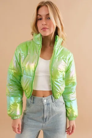 Windbreaker Metallic Puffer Crop Zip Up Jacket Lime