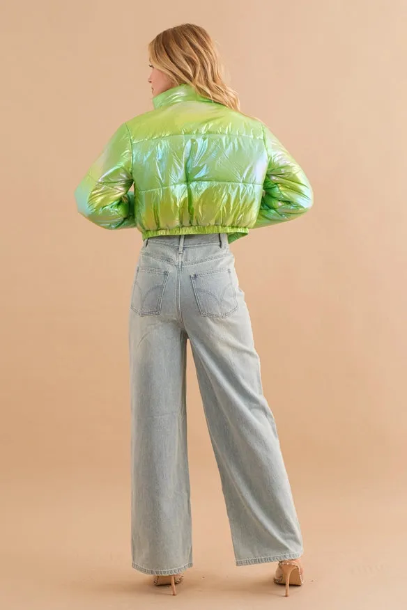 Windbreaker Metallic Puffer Crop Zip Up Jacket Lime