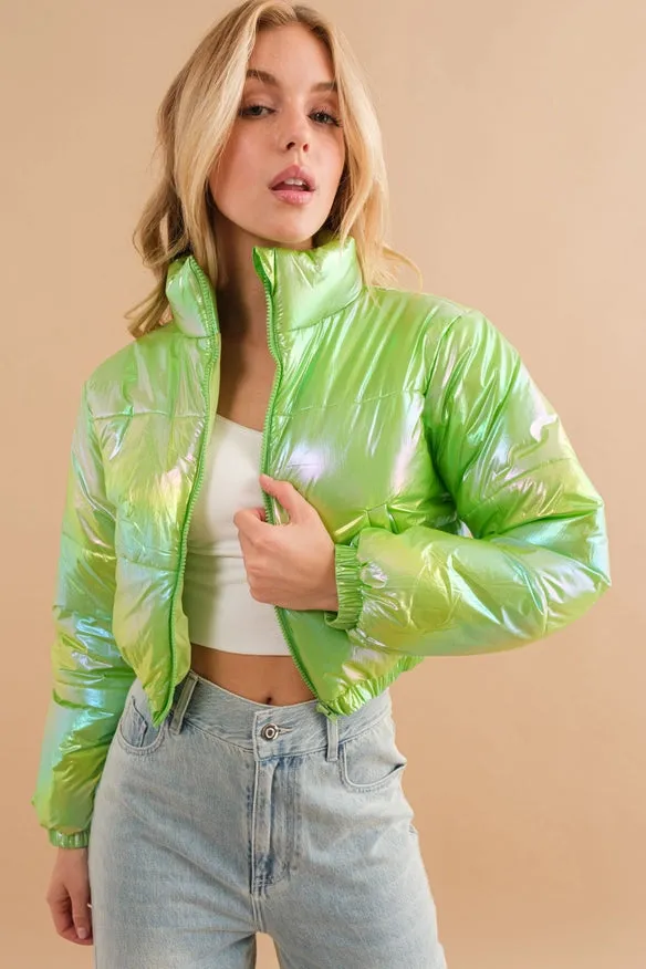 Windbreaker Metallic Puffer Crop Zip Up Jacket Lime