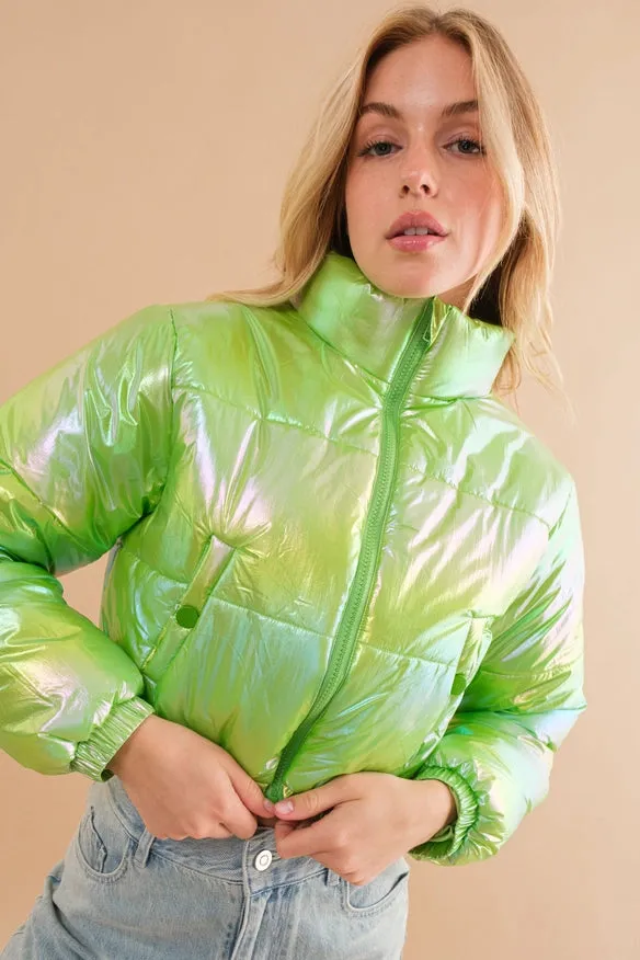 Windbreaker Metallic Puffer Crop Zip Up Jacket Lime