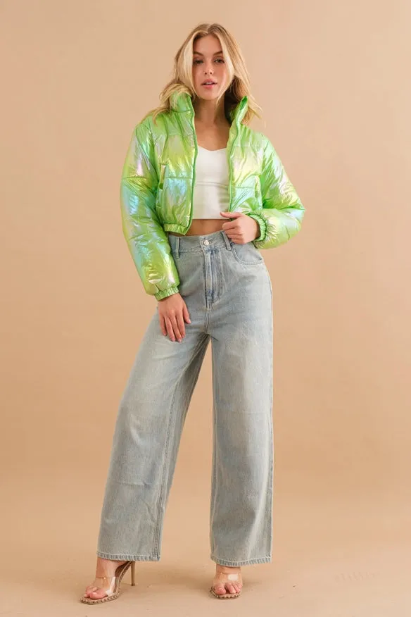 Windbreaker Metallic Puffer Crop Zip Up Jacket Lime