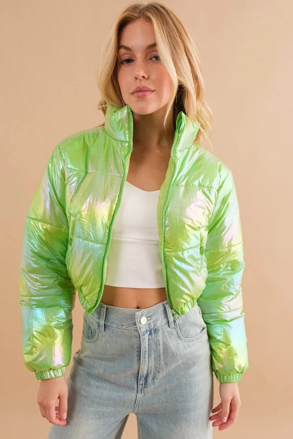 Windbreaker Metallic Puffer Crop Zip Up Jacket Lime