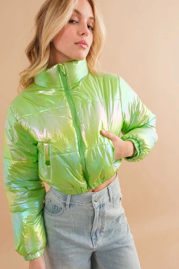 Windbreaker Metallic Puffer Crop Zip Up Jacket Lime