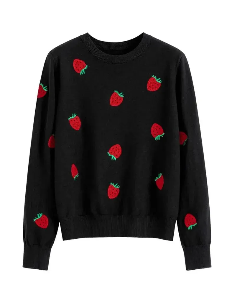 Women Embroidery Love Heart Strawberry Knitted Sweaters Vintage Y2K Casual Sweet O Ne Pullovers Winter Warm Sweater Tops C-129