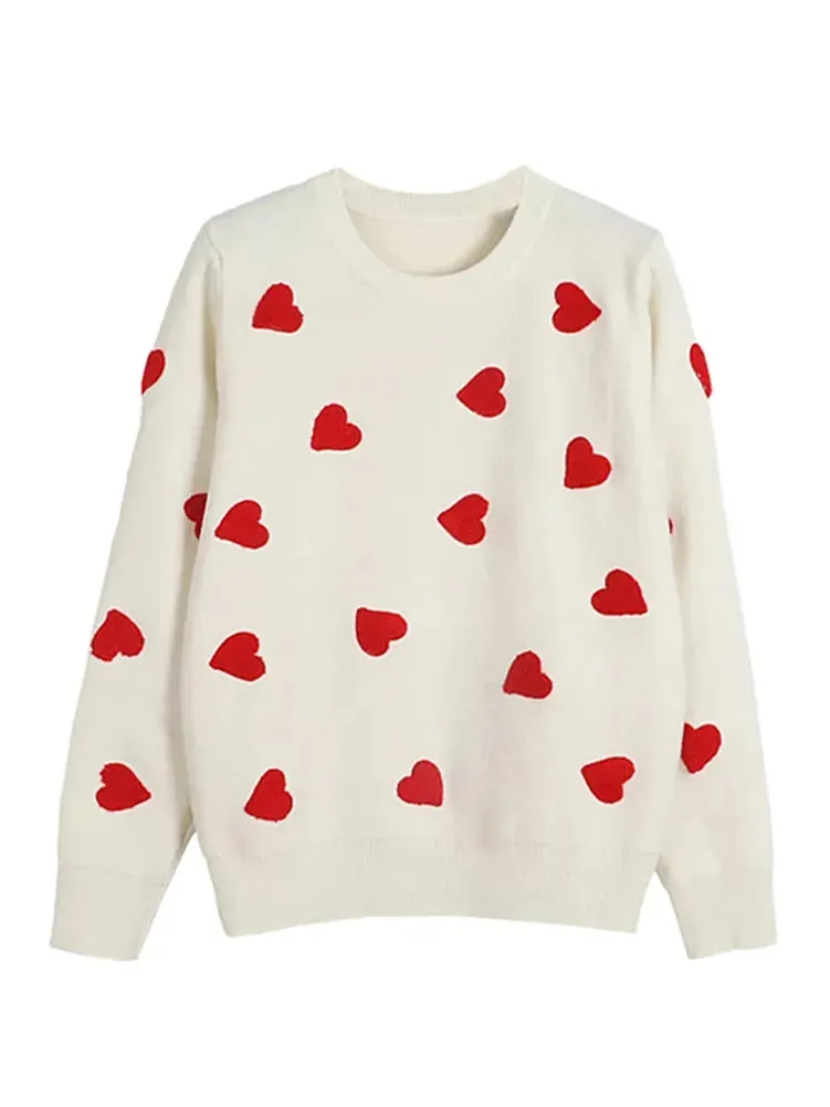 Women Embroidery Love Heart Strawberry Knitted Sweaters Vintage Y2K Casual Sweet O Ne Pullovers Winter Warm Sweater Tops C-129