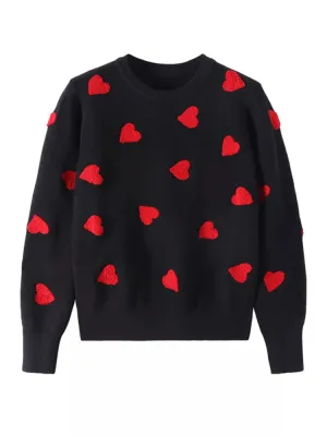 Women Embroidery Love Heart Strawberry Knitted Sweaters Vintage Y2K Casual Sweet O Ne Pullovers Winter Warm Sweater Tops C-129