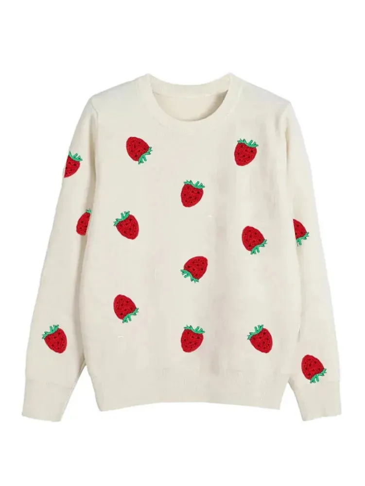 Women Embroidery Love Heart Strawberry Knitted Sweaters Vintage Y2K Casual Sweet O Ne Pullovers Winter Warm Sweater Tops C-129